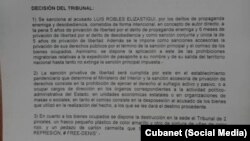 Sentencia del Tribunal Provincial de La Habana contra Luis Robles.